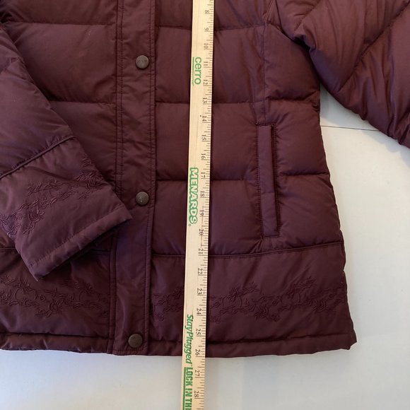 Down Puffer Jacket  Maroon Burgundy Embroidered Coat with Fur Trim - Picture 14 of 15